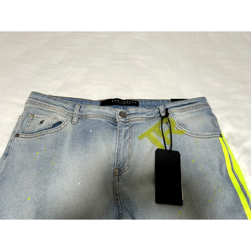 RON TOMSON Mens Modern Splattered Stripe Jeans Denim W/34 X L/34 Slim Fit New - Picture 4 of 8
